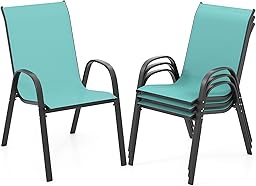 COSTWAY Patio Dining Chairs Set of 4, Stackable Outdoor Chairs with Armrest and High Back, Breathable Fabric & Metal Frame Chair for Garden Poolside Backyard Deck (Turquoise)