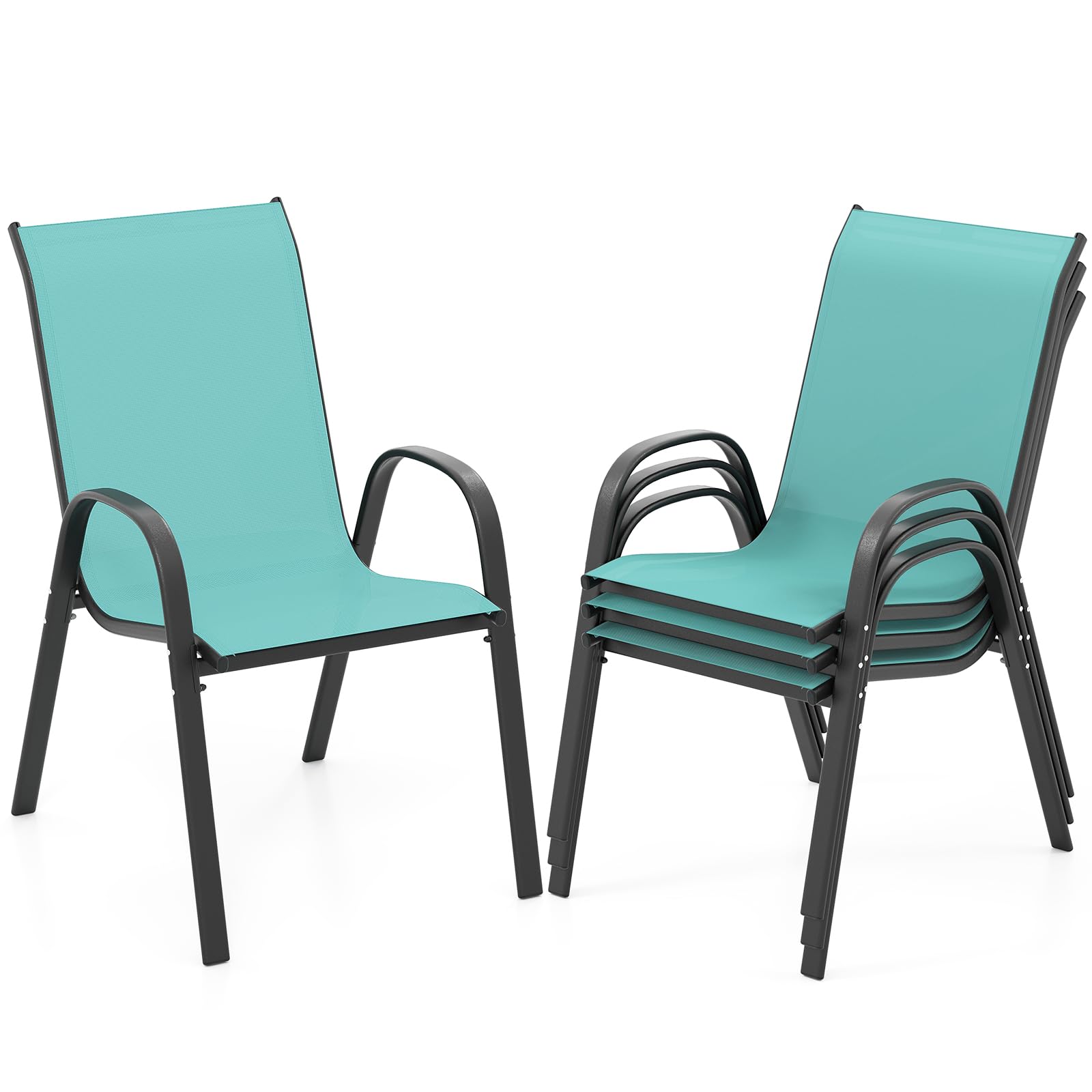 COSTWAY Patio Dining Chairs Set of 4, Stackable Outdoor Chairs with Armrest and High Back, Breathable Fabric & Metal Frame Chair for Garden Poolside Backyard Deck (Turquoise)