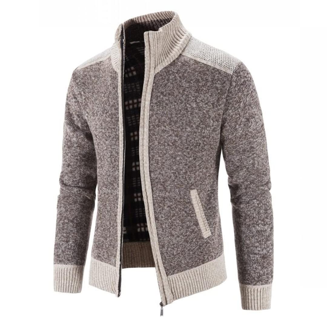 Vogrtcc Chaqueta de suéter de los hombres Abrigo de remiendo de moda Chaqueta de suéter de punto Slim Fit cuello alto grueso Cardigan abrigos hombres