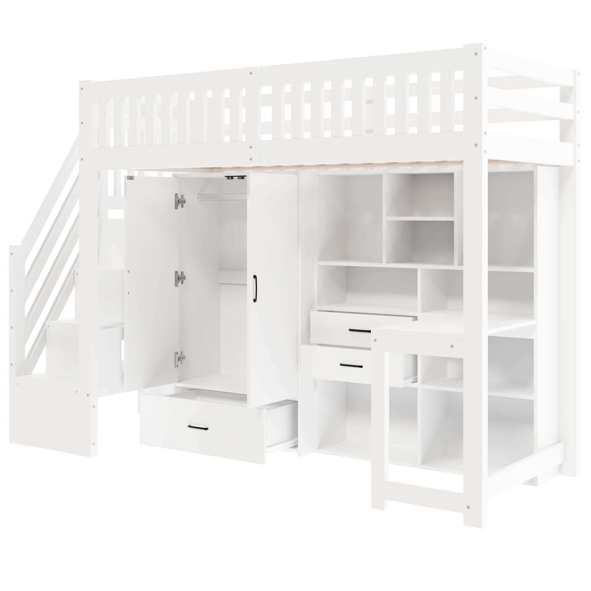 Cama alta de 90 x 200 cm, de madera, con escalera, armario, escritorio, cama juvenil con cajones, compartimentos de almacenamiento, sin colchón