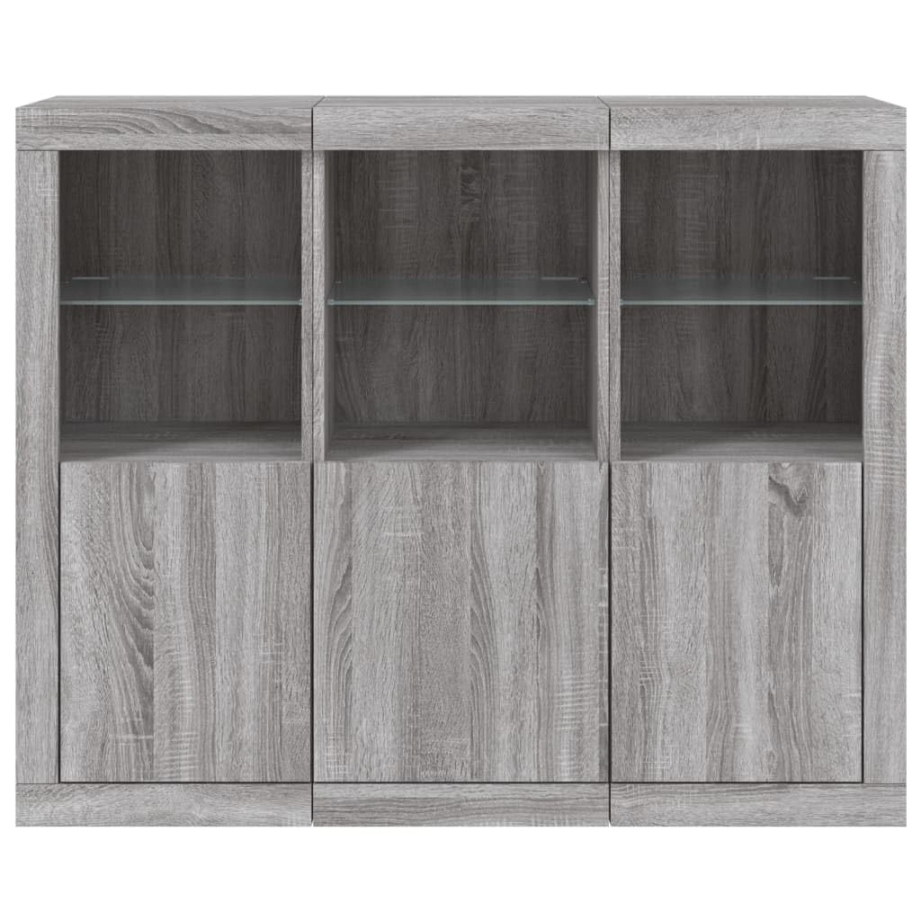 Lot de 3 buffets avec lumières LED - Gris Sonoma - Vitrine de cuisine - Pour salon - Pour desserts, boutique, salon, cuisine, salle à manger