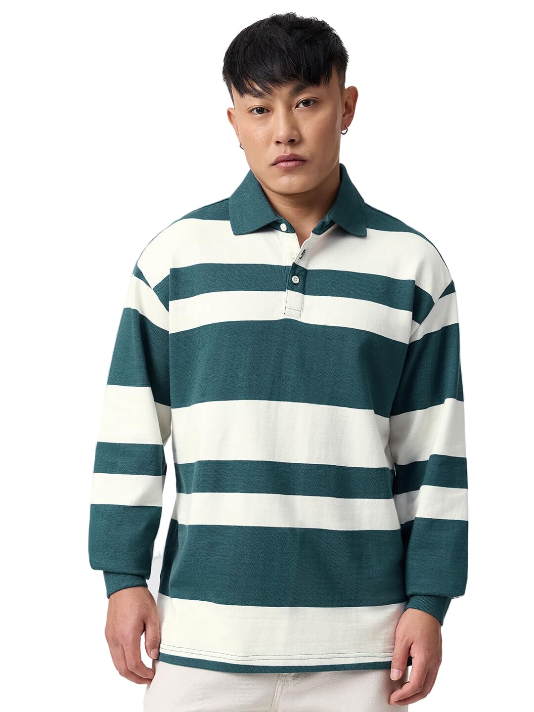 the souled store Oversized Rugby Polo: Metro Men and Boys Long Sleeve Spread Collar Dark Green and Off-White Striped Cotton Oversized Fit Casual Lightweight Streetwear Everyday Polos-picture-13