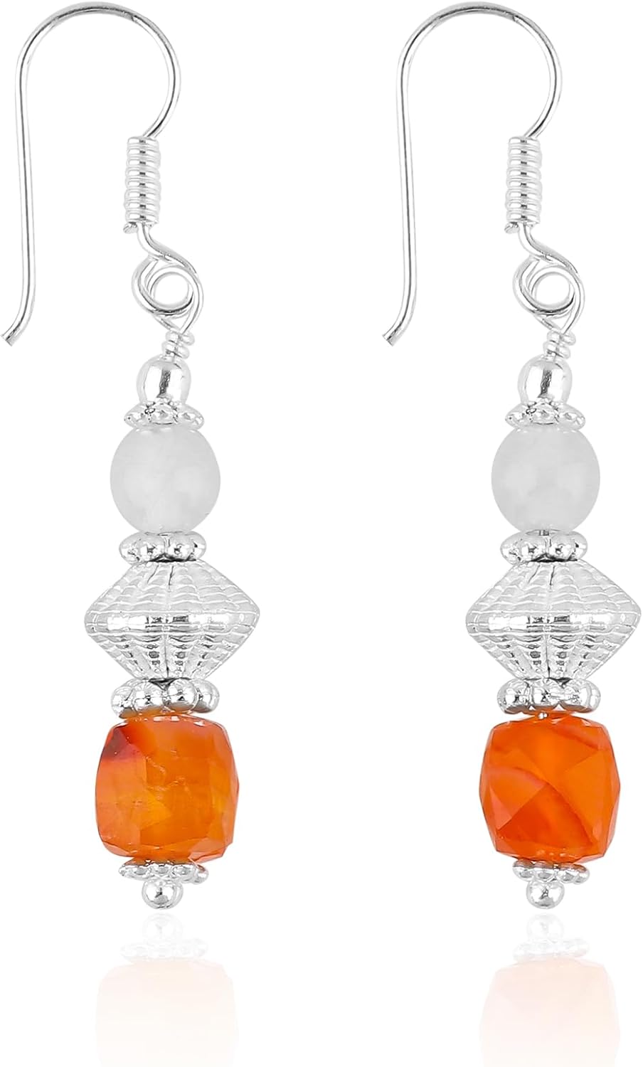 Natural Carnelian & Clear Quartz Gemstone Beads Earrings, Silver Bohomian Jewelry, Handmade Dangling Earrings, Healing Crystals, Polished Stones, Gift for Her (Approx.1.25inch)