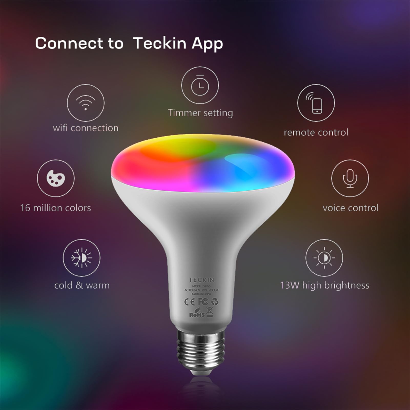 Bombillas LED Wifi Inteligentes TUYA RGB Multicolor Para Alexa Google Home Temporización Regulable 12W, 1300L 6500K E26 Bombilla De Luz LED Inteligente,2pcs