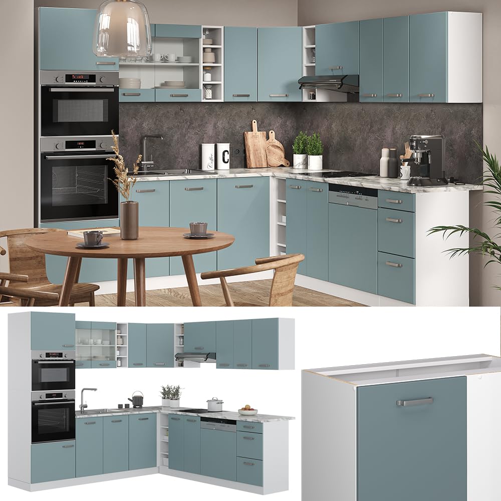 Vicco Cuisine en Angle R-Line, Bleu-Gris/Blanc, 247 x 237 cm sans PT, pour Une Disposition Flexible et Une Extension modulaire