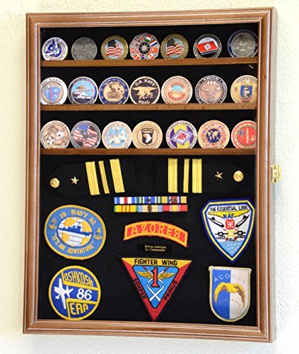 Challenge Coin/Medals/Pins/Badges/Ribbons/Insignia/Buttons Chips Combo Display Case Box Cabinet (Walnut Finish)