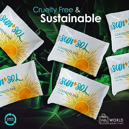 World Amenities - Sun + Sol Bulk Luxurious Cleansing Bar With Warm Coconut & Vanilla Fragrances, Pleat Wrapped Travel Size Toiletries, Mini Hotel Amenities