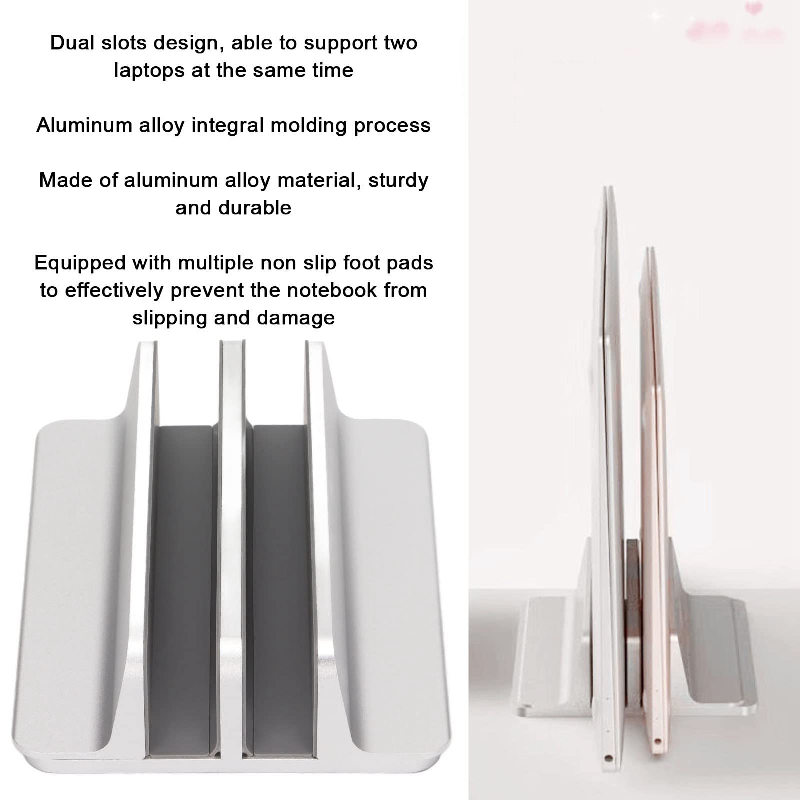 AstraLoom Support Vertical pour Ordinateur Portable – Double Fente réglable en Alliage d'aluminium – Organiseur de Bureau pour PC Portable, Tablette et Notebook – Argent – ​​4,6 à 10 cm