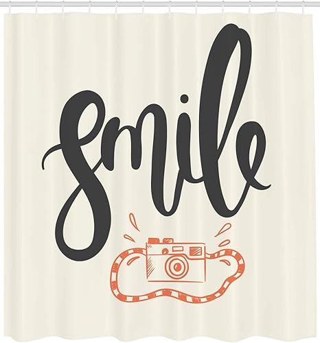Miniatura 1 de Lunarable Smile Shower Curtain, Cursive Calligraphy with Retro Camera Photography Themed, Cloth Fabric Bathroom Decor Set with Hooks, 105" Extra