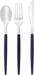 Luxe Party 128 Pieces Two Tone Plastic Disposable Cutlery | Forks-Spoons-Knives | Full Size | Chic Round | Navy and Silver