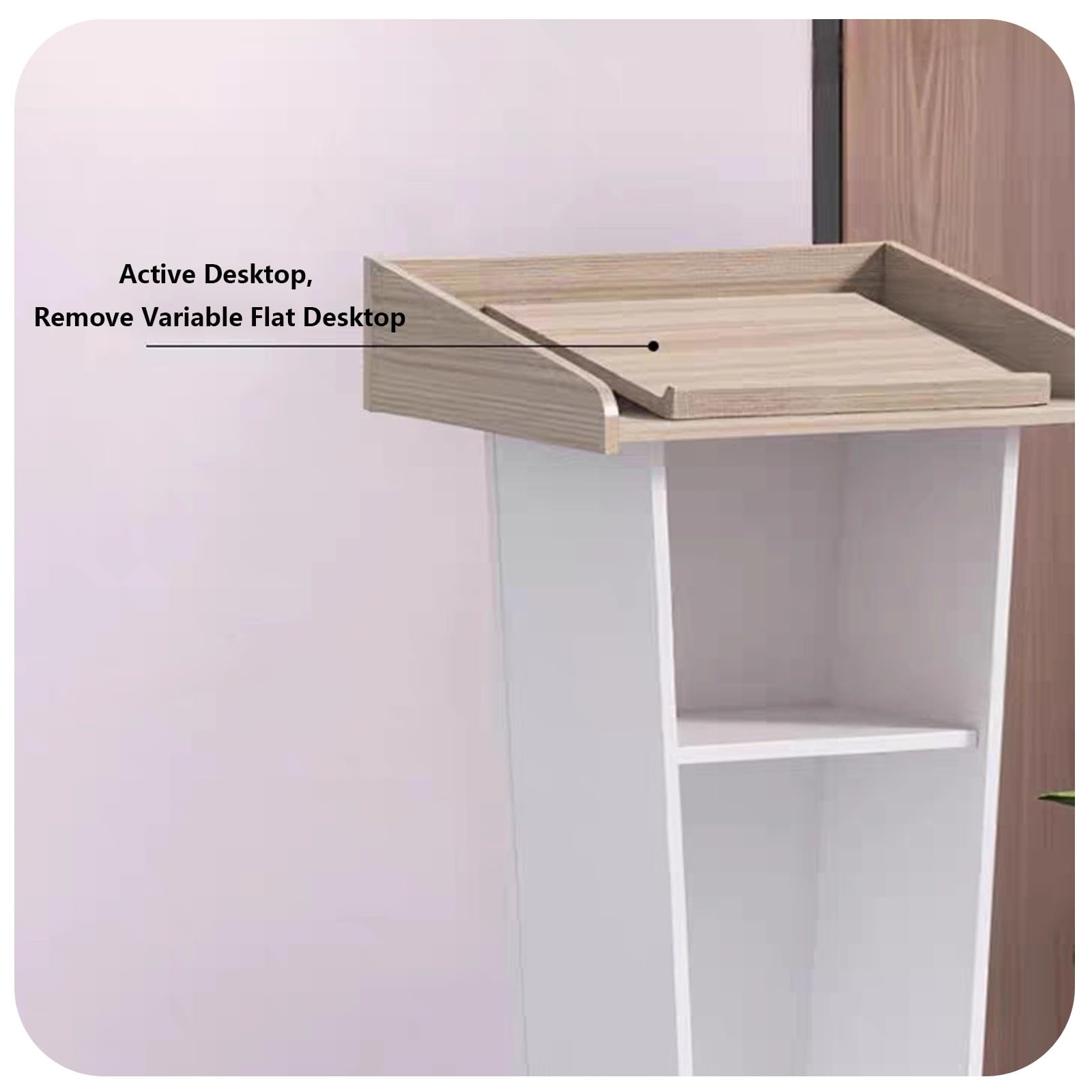 Drewniane podium z 2 półkami, z 4 kołami, z odchylonym dużym obszarem do czytania i schowkiem, nauczyciele podios, do szkoły, kościoła (jasny orzech)