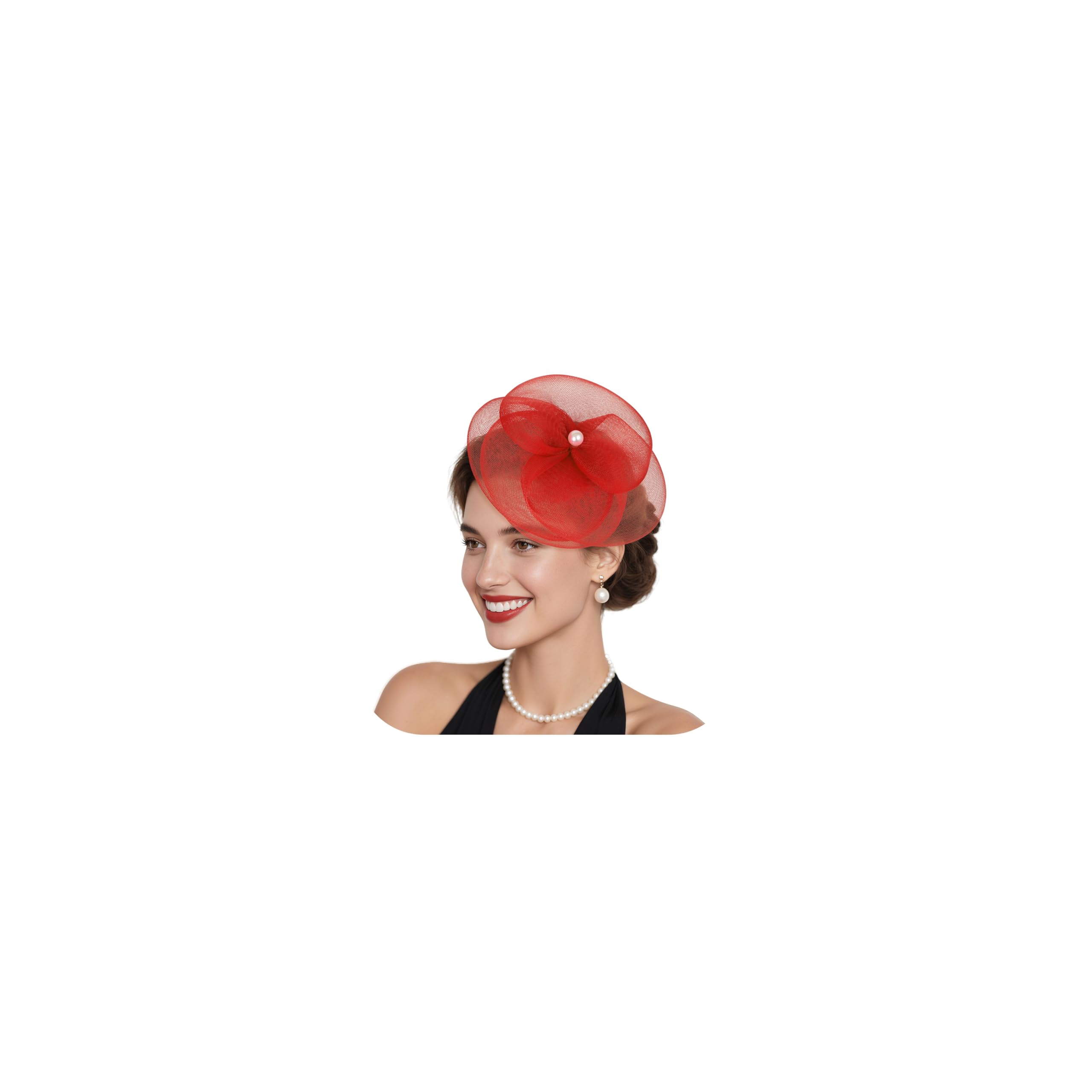 Vegolita Fascinator Hats for Women Tea Party Hat Flower Mesh Headband Vintage Hair Clip Headwear for Wedding Church Cocktail, Red, M