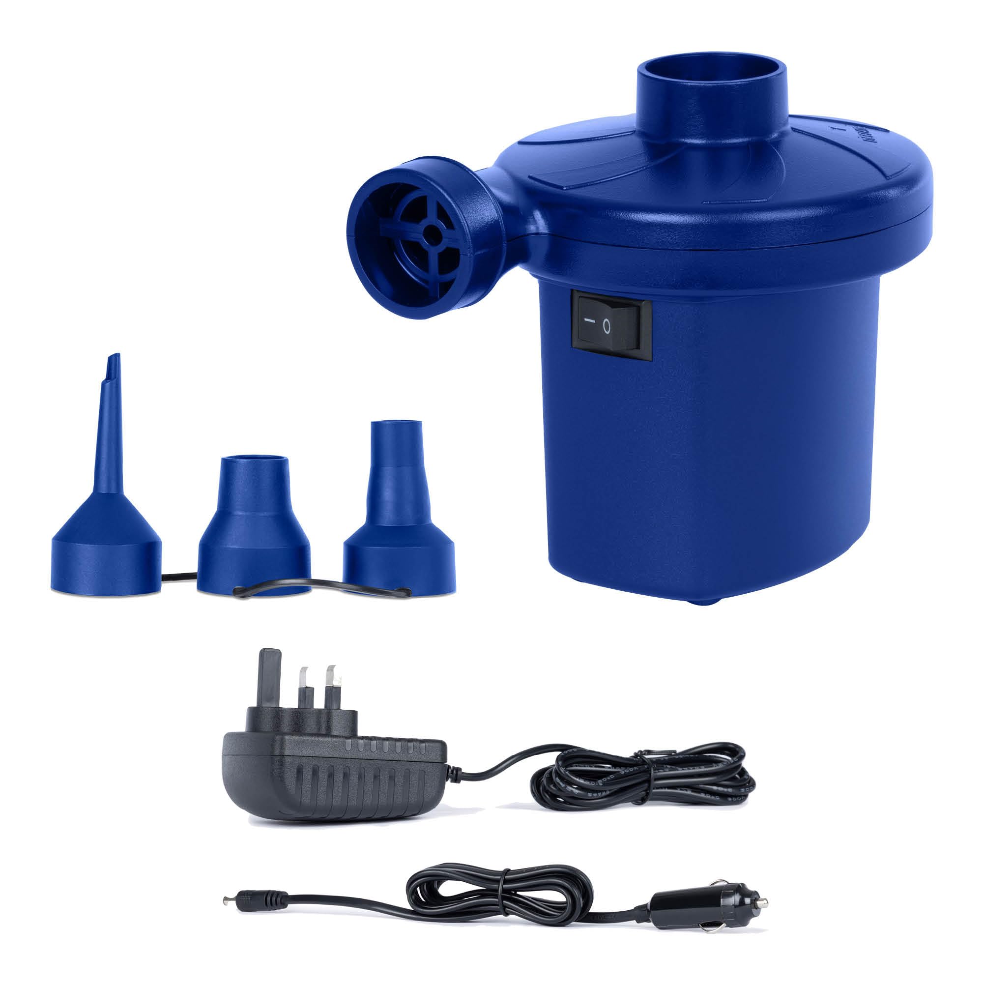 AirzzZ 240V Electric Air Pump with 3 Nozzle Sizes – Fast Inflate/Deflate for Air Beds, Inflatables, Camping Mattress, Pool Toys & Paddling Pools – Compact Mains-Powered Pump with UK Plug, Blue