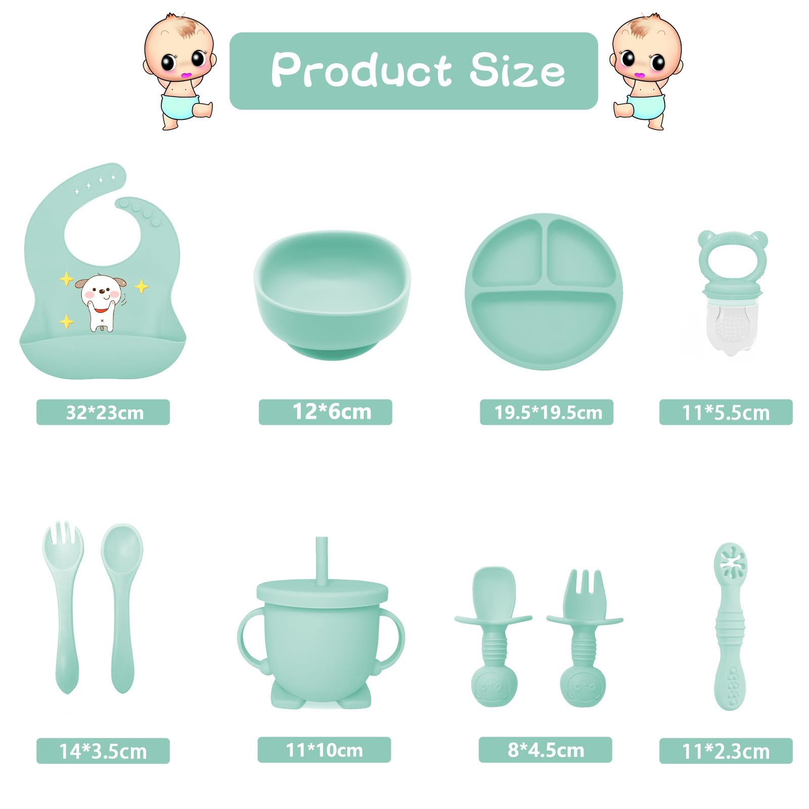 12 Pezzi Set Pappa Svezzamento, Svezzamento Set Silicone Piatto,Set Pappa per Bambino,Set di Posate per Bambini Antiscivolo con Ventosa Piatto Ciotola Tazza Bavaglino Cucchiaio Forchetta (Menta)
