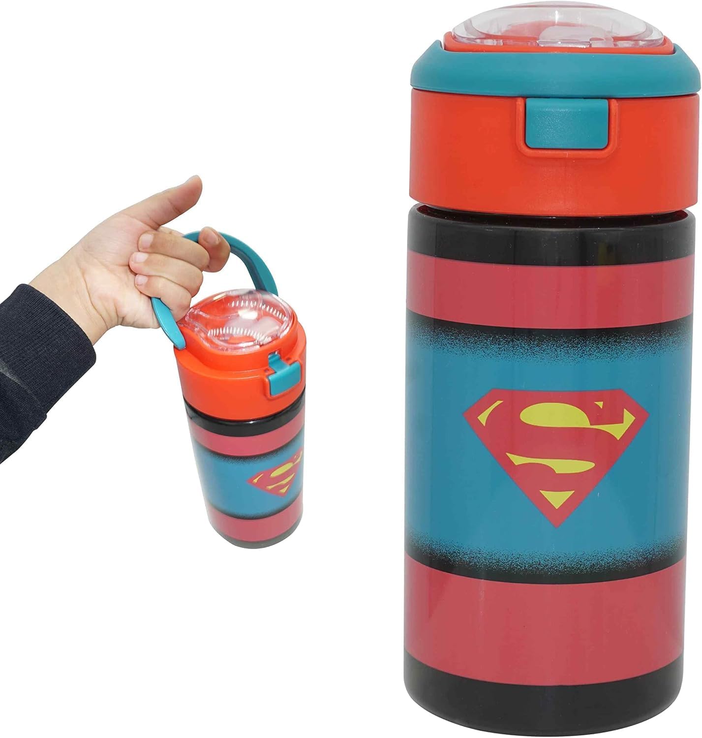 SRV Hub Superman Kids Water Bottle 530ml, BPA-Free Tritan, Leak-Proof, Flip Straw, Push Button, Lightweight, Red, 18x7.5cm, School, Sports, Travel, Reusable, Durable, Easy-Clean