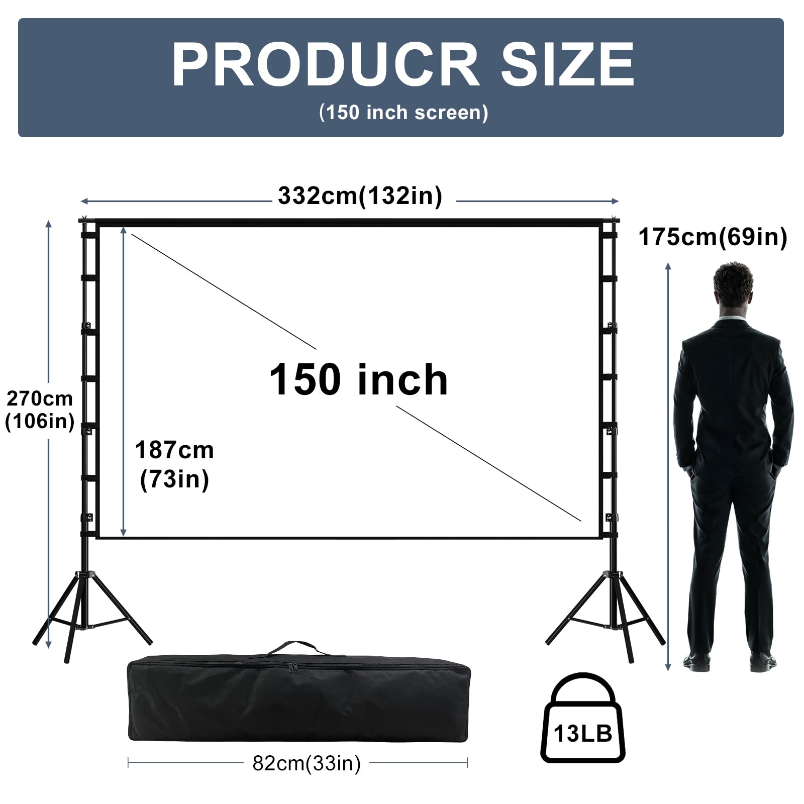 Proyector de 150 pulgadas con soporte, pantalla de proyección para exteriores, pantalla de cine portátil 16:9 4K HD trasera frontal con bolsa de transporte para teatro, patio, noche de 3
