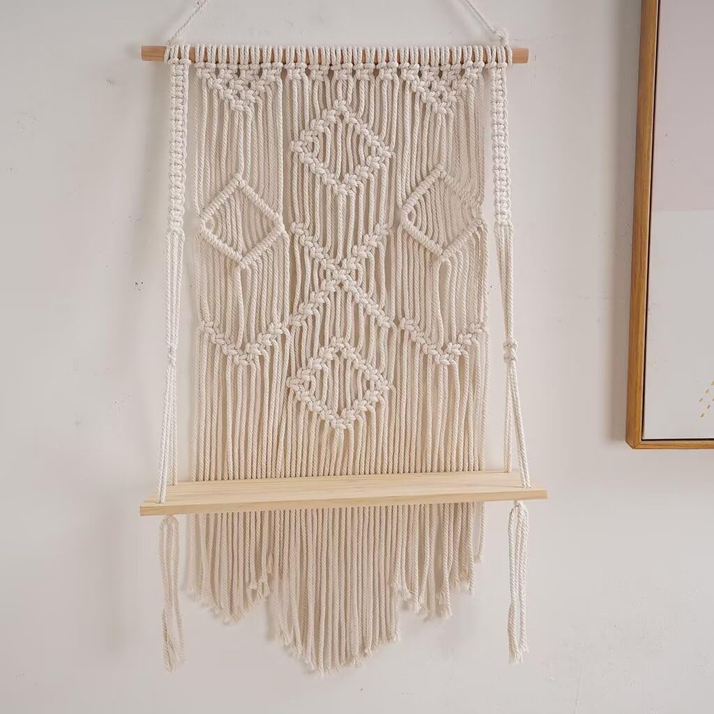 Macrame Wall Hanging Shelf Boho Decor Wood Floating Shelf for Bedroom Living Room Nursery Bathroom, Handmade Woven Rope Storage Rack for Photo Frames Plant Display