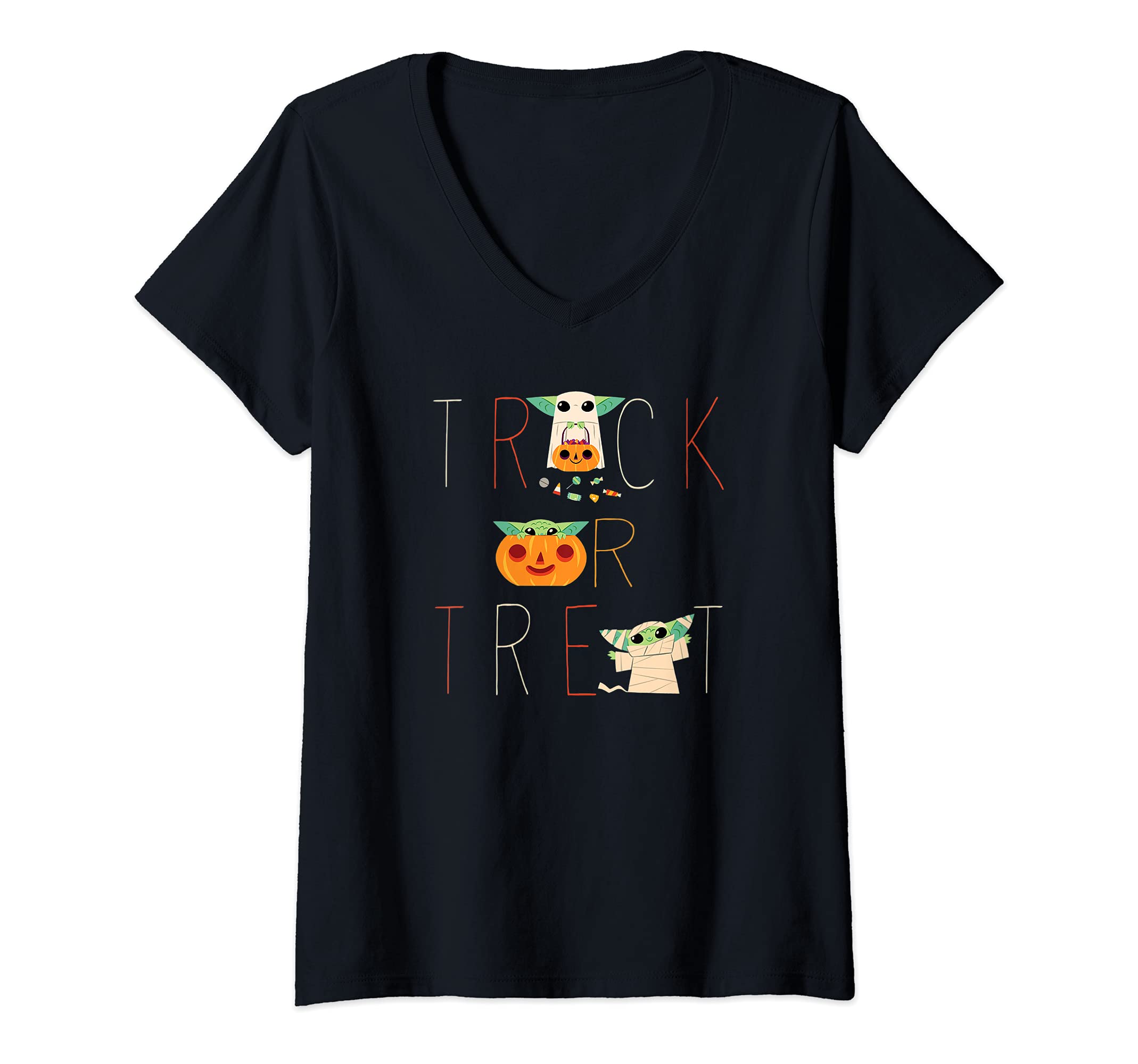 Womens Star Wars: The Mandalorian Grogu Halloween Trick Or Treat V-Neck T-Shirt