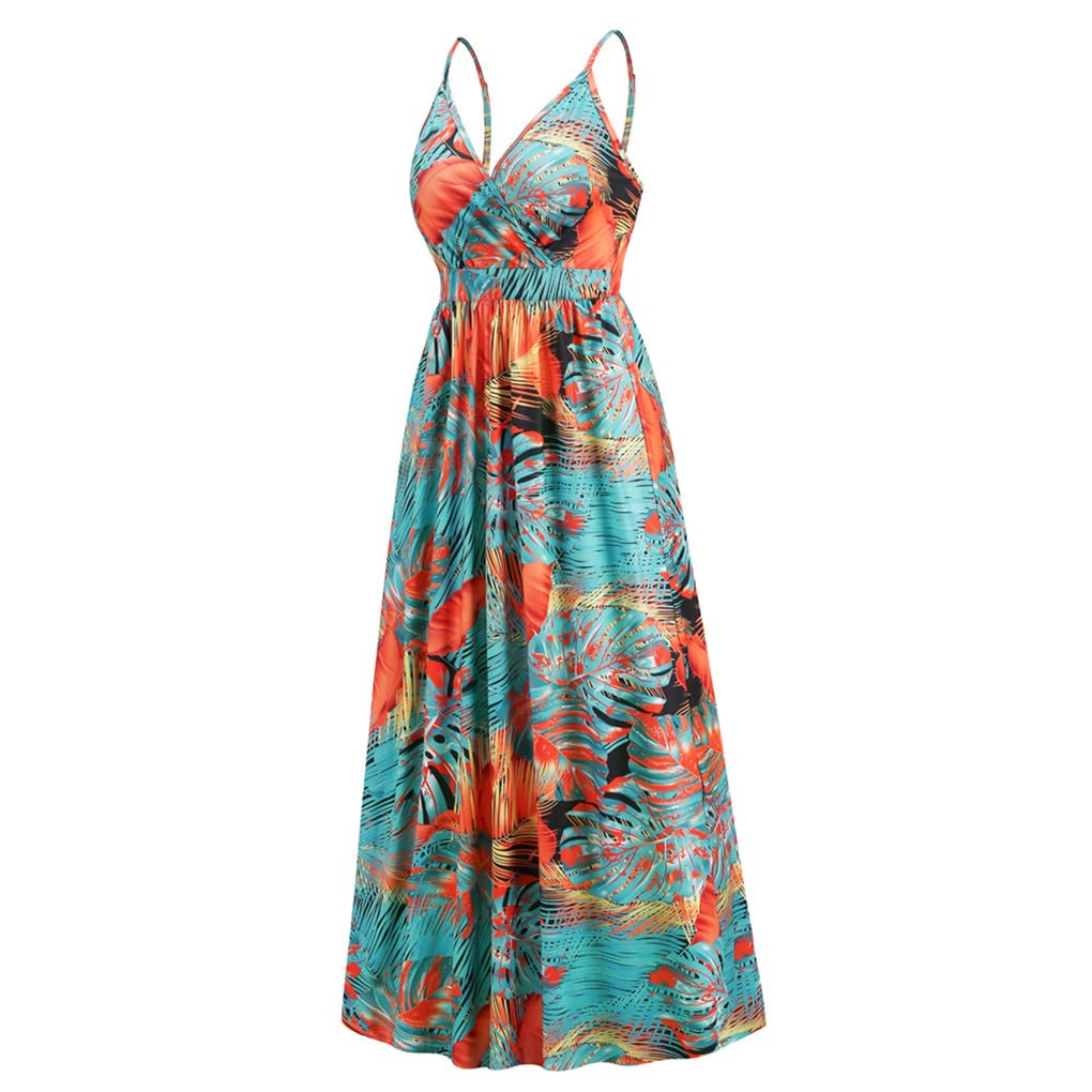 Dninmim Vestido largo de verano con cuello en V profundo, sin espalda, cintura elástica, sin mangas, estampado bohemio, Esmeralda En8, S