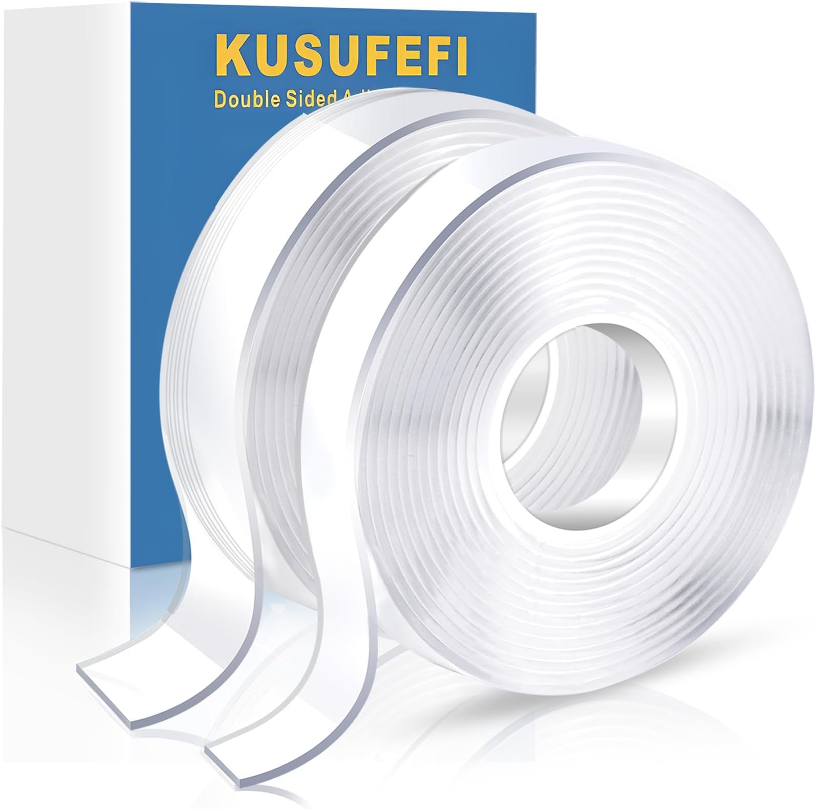 KUSUFEFI Double Sided Adhesive tape Heavy Duty, Double Stick Mounting (2 Rolls, Total 20FT), Clear Two Sided Wall tape Strips, Removable Poster tape for Home, Office, Car, Outdoor Use