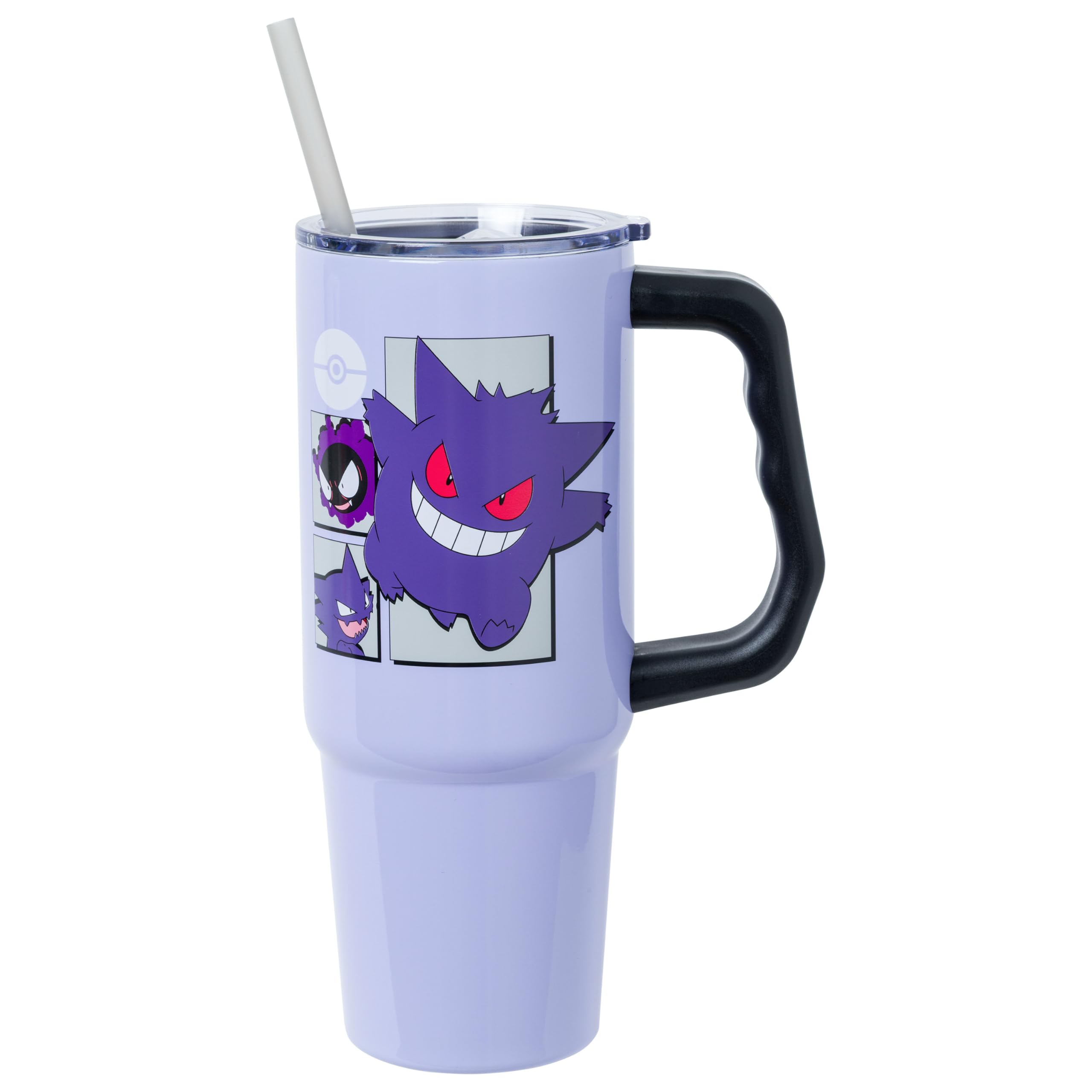 Silver Buffalo Pokemon Gastly Evolutions Grid Stainless Steel Tumbler, 30oz | Haunter, Gengar, Double Walled, Includes Handle, Fits in Standard Cup Holder, Straw, 0.9 Liters