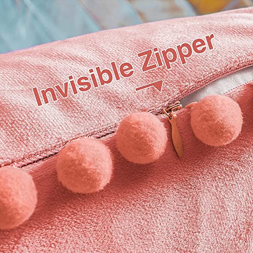 Top Finel Decorative Throw Pillow Covers With Pom Poms Soft Particles Velvet Solid Cushion Covers 18 X 18 For Couch Bedroom Car,Set Of 2,Coral #TOP3