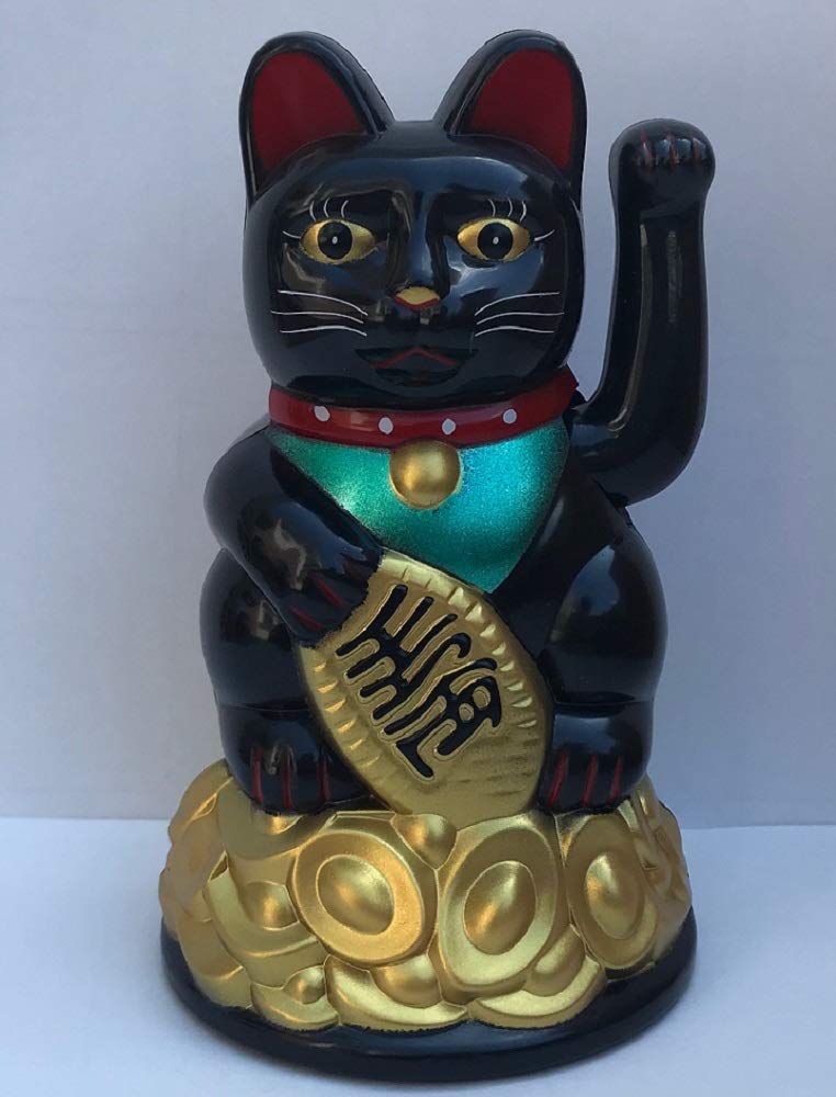 MONKEY KING Battery Powered Japanes Lucky Beckoning Waving Wealth Cat Kitty Maneki Neko 4.5" Tall Black
