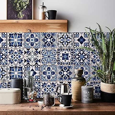 HORIWE Tile Stickers Vintage Blue Moroccan Wall Decal Sticker Adhesive Tile Art DIY Kitchen Bathroom Backsplash Floor Home Decor PVC Waterproof Oil Proof New 4x4 Inches 24pc Cover