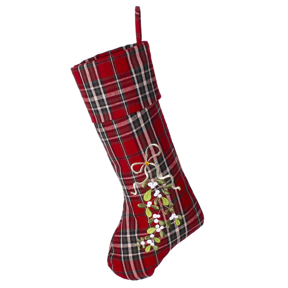 Dibor Highland Tartan Traditional Large Red Tartan Embroidered Mistletoe Christmas Stocking - H51cm