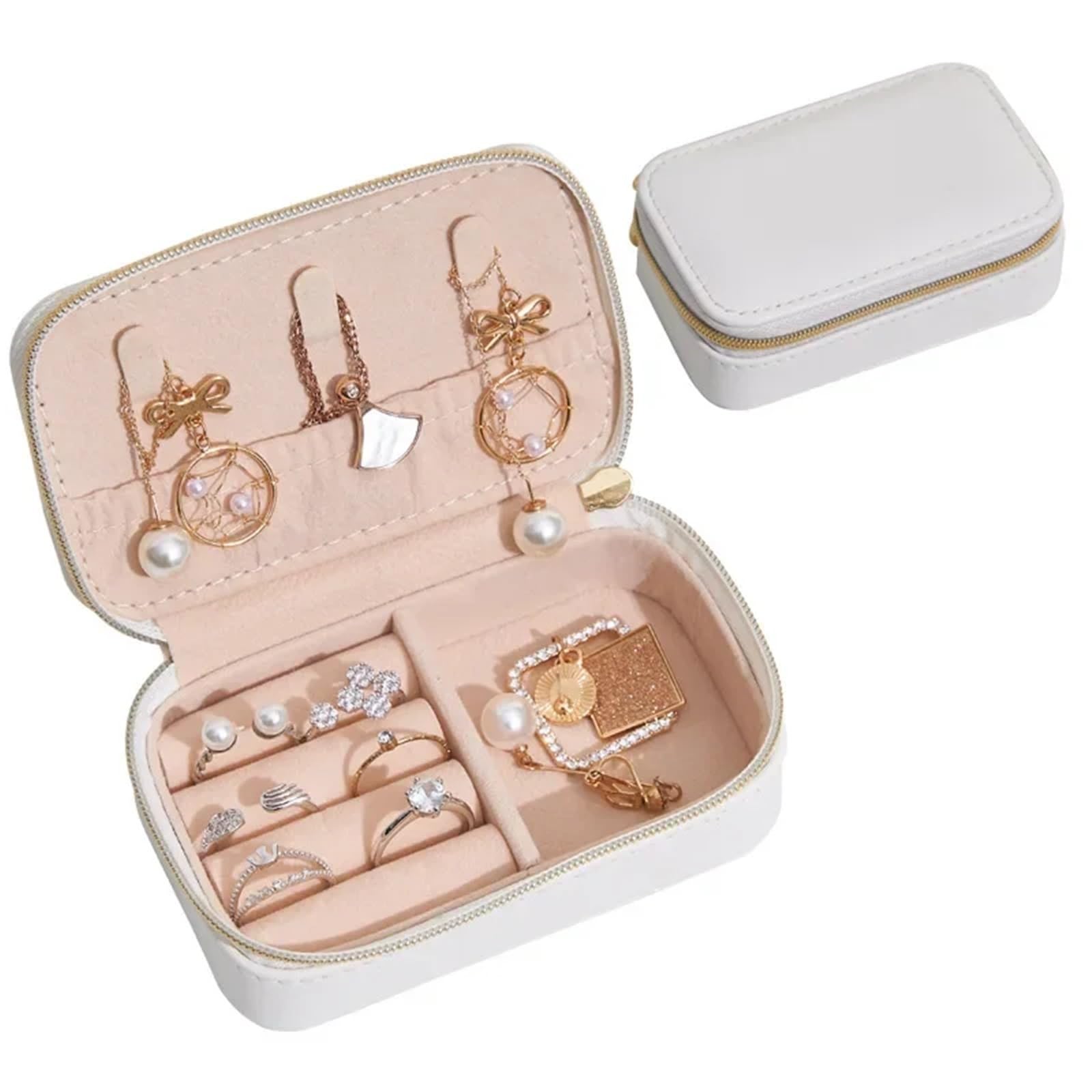 ESTDKMNOS Portable Jewellery Case， Jewellery Box Mini Bag Travel Cosmetic White Pink(White)