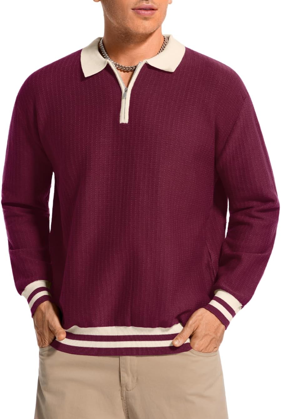 ChiaoLezhee Men's Fashion Contrast Color Waffle Sweater, Quarter-Zip Collared Long Sleeve Pullover - Lightweight Loose Fit