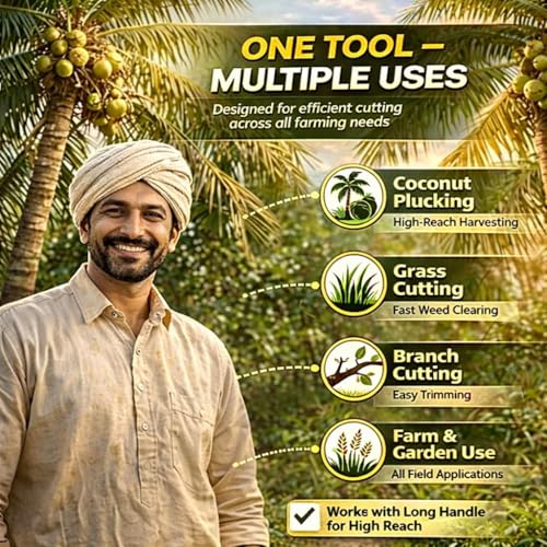 Image of SR Heavy Duty Agricultural Hand Tool for Harvesting, Farming & Gardening | Tempered Steel Coconut Plucker & Grass Sickle Cutter Head | Tree Branch Cutting, Crop Harvesting & Garden Maintenance (large)