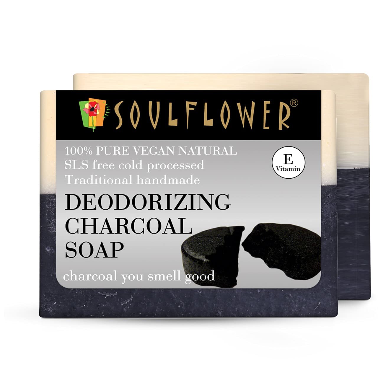 Soulflower Activated Charcoal Bath Soap for Deep Cleansing, Detoxifying, Body Odour Control Enriched with Tea Tree, Peppermint & Vitamin E - 100% Organic & Handmade - (Pack of 2) 150g Each