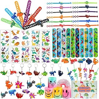 Chennyfun 74 PCS Dinosaur Party Bag Fillers for Kids Stocking Filler Toy Assortment With Rainbow Springs, Slap Bands, Keychains, Temporary Tattoos Birthday Balloon Party Favours Toys Gifts for Kids