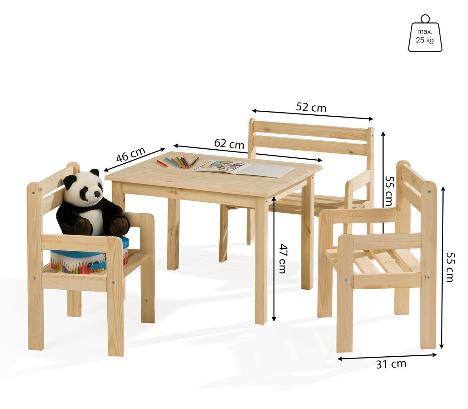Kindersitzgruppe 4-teilig - mit Kindertisch, Sitzbank & 2 Stühlen - Braun - Kiefernholz Massiv - Sitzgruppe Kindertischgruppe Holzsitzgruppe