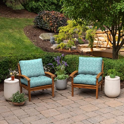 Image of Arden Outdoor Plush Modern Tufted Blowfill Deep Seat Set, 24 x 24, Rain-Proof, Fade Resistant, Deep Seat Bottom and Back Cushion, Turquoise Daphne Medallion