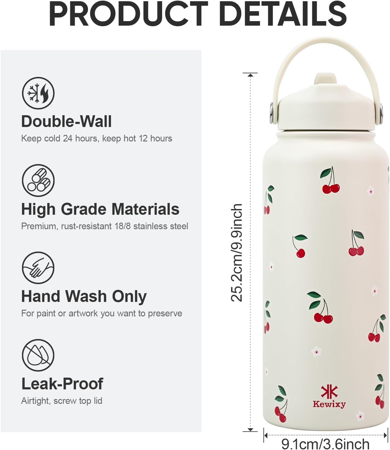 32 oz Insulated Water Bottle with Straw, Leak Proof Water Bottle Stainless Steel with Flip Straw and Handle, Metal, Reusable, Wide Mouth, for Travel, Gym and School (Cream Cherry) - Image 7