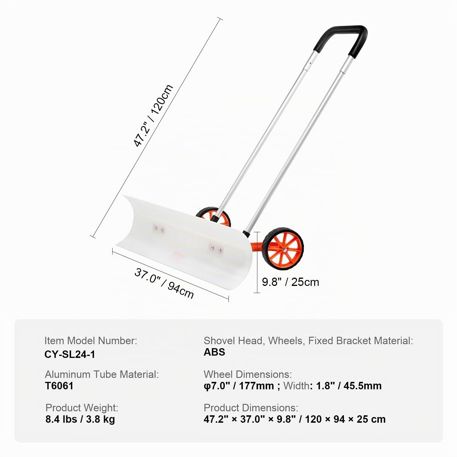VEVOR Schneeschieber mit Rädern 94cm Schneeschaufel ABS-Kunststoff Aluminiumlegierung Schneeschippe Seitenwinkel von 15° Schneeräumer Schneeräumgeräte Rückenschonender Schneeschieber