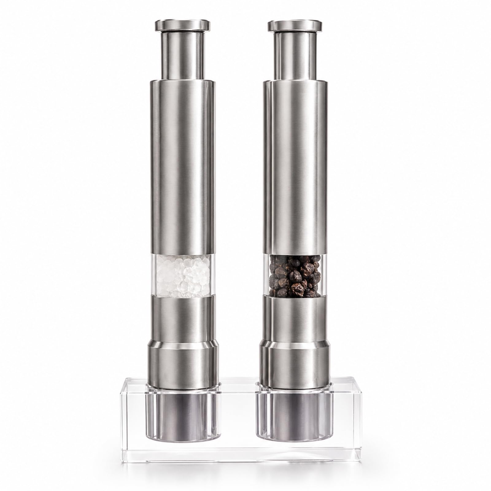 Photo 1 of Salt and Pepper Grinder Set, Pump & Grind Peppermill, 2 Refillable Stainless Steel Mills with Thumb Press, One-Handed Salt and Pepper Grinder with Clear Acrylic Stand for Kitchen and Dining