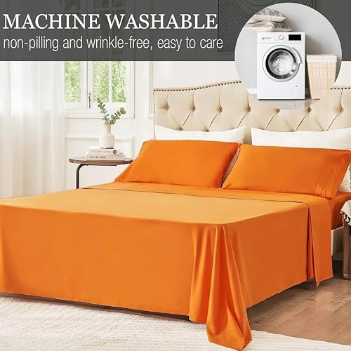 Miniatura 5 de Juego de sábanas de tamaño matrimonial color naranja, juego de sábanas bajeras y fundas de almohada de bolsillo profundo, 4 piezas de microfibra de