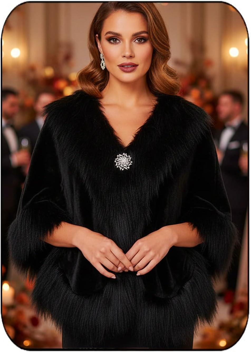 Aukmla Wedding Faux Fur Shawls and Wraps Bridal Fur Coat Winter Cape Stole with Rhinestones Brooch for Brides and Women