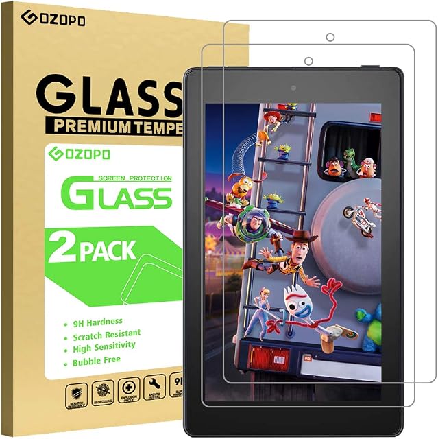 GOZOPO [2-Pack] Screen Protector for Fire 7/Fire 7 Kids Edition (9th/7th Gen, 2019 and 2017 Release) [Scratch Resistant ] Fire HD 7 Tempered Glass Film [2.5D Edge]