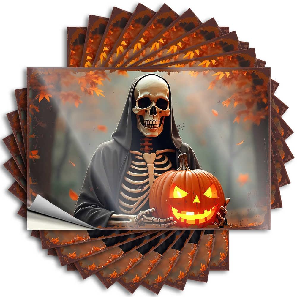 Positive Saying, Retro Home Decor Helmet Skeleton in Cloak Holding Jack-o'-Lantern Amidst Autumn Leaves | Funny Quote Standing Decals(12X18CM)