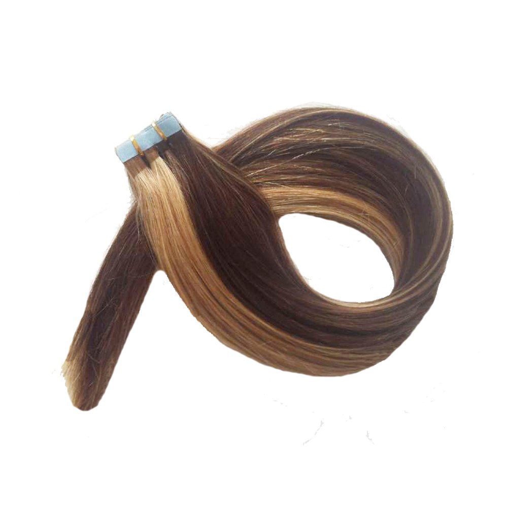 Tape in Human Hair Weft Extension Straight Remy Hair Ombre Two Tone T Colors (20Inch20Pcs, Mix #4/27)