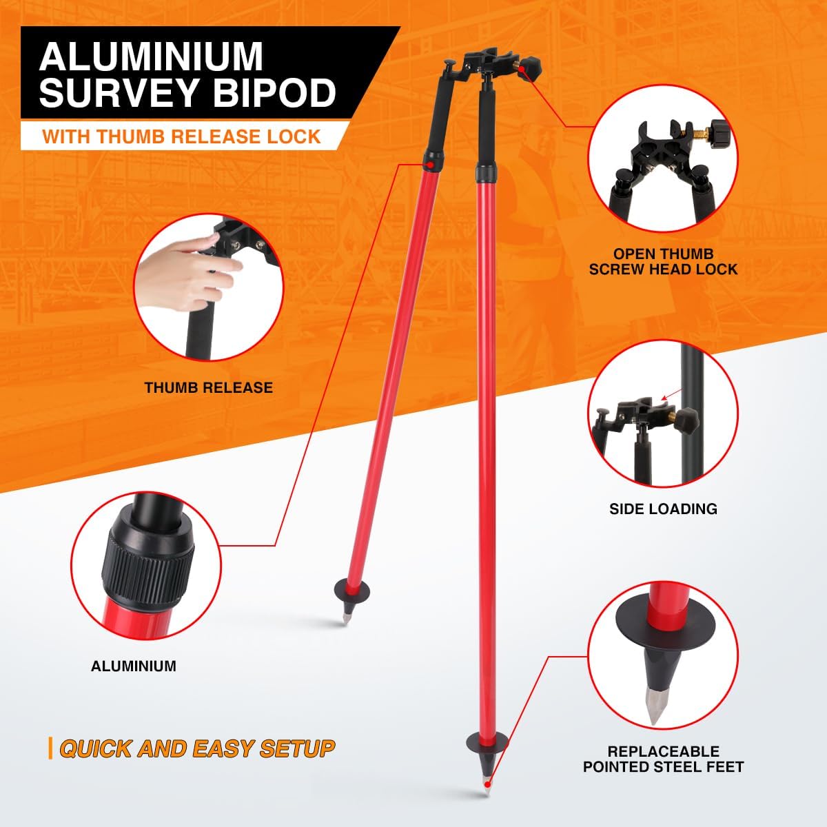 Thumb Release Bipod with Center Entry Head Poles Saver Clamp,Aluminum Surveying Tripod Bipod for Prism Poles Surveying or GPS Poles of Total Station GPS GNSS