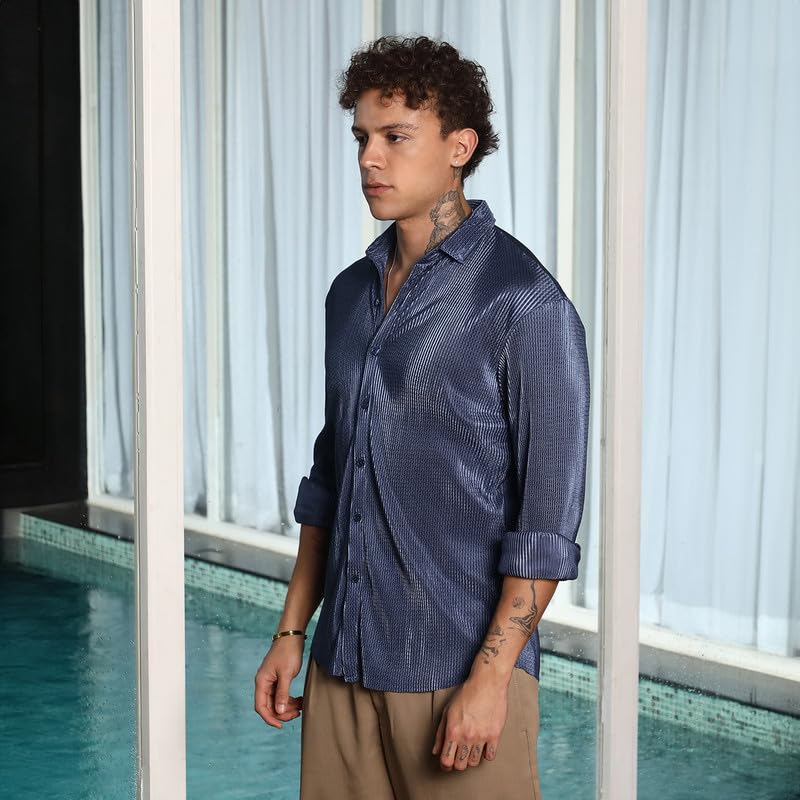 Image of CAHOOT Men's Hexagon-Lined Shirt | Casual Wear | Spread Collar | Long Sleeve | Button Closure | Shirt Crafted with Comfort Fit for Everyday Wear