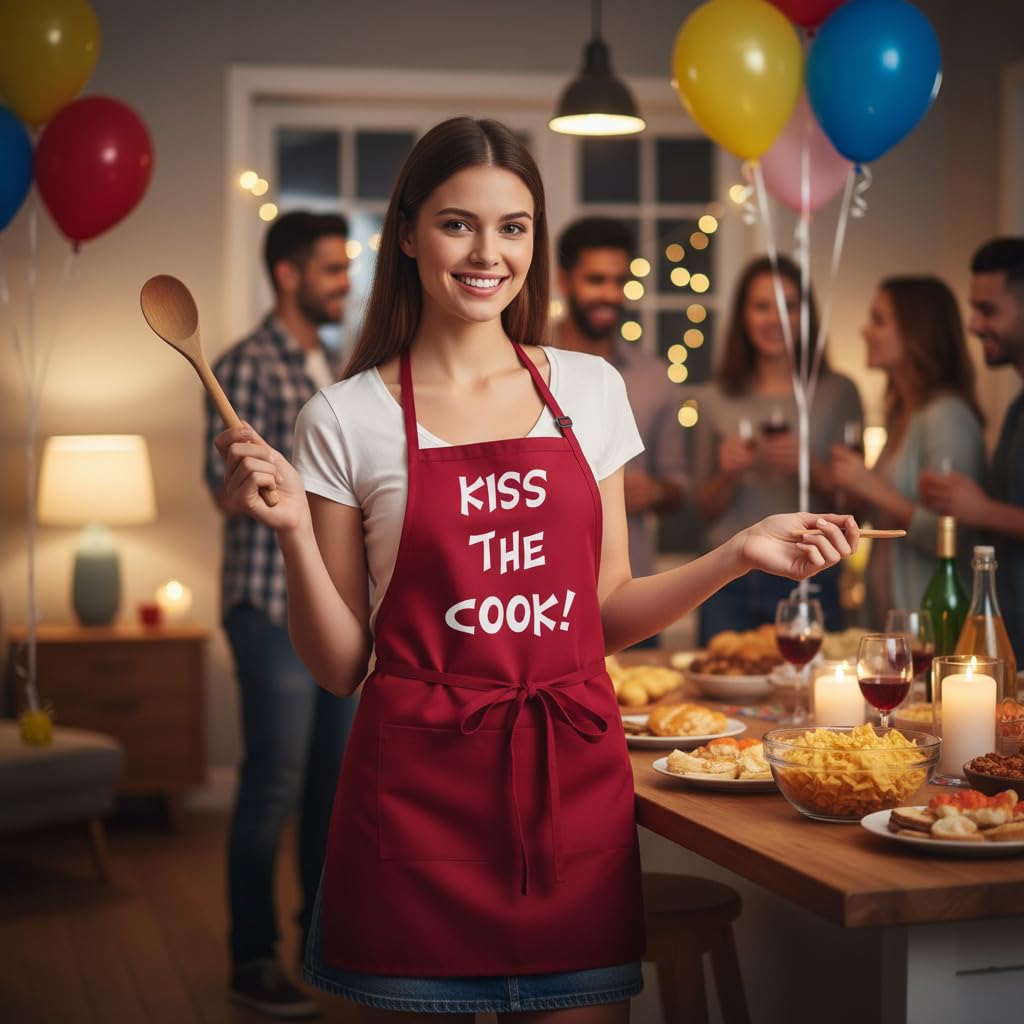 Rojo delantal Kiss the Cook | Cute cocina delantales
