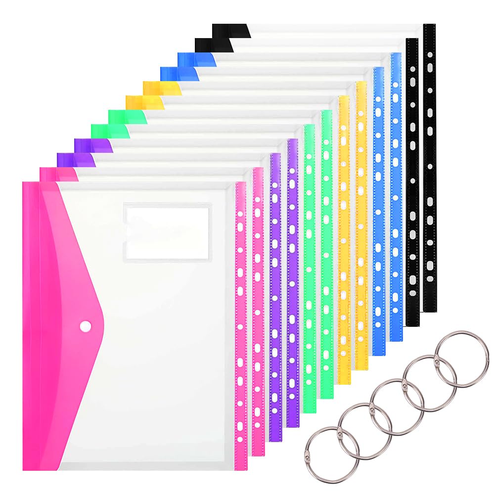 Gohytal 12PCS A4 Plastic Wallets Punched Pockets, A4 Folders Wallet Document Files Popper Wallets with Snap Button and Label Pocket Side, Popper Wallets Envelope Folders for Home/Office/School/Travel — image 1