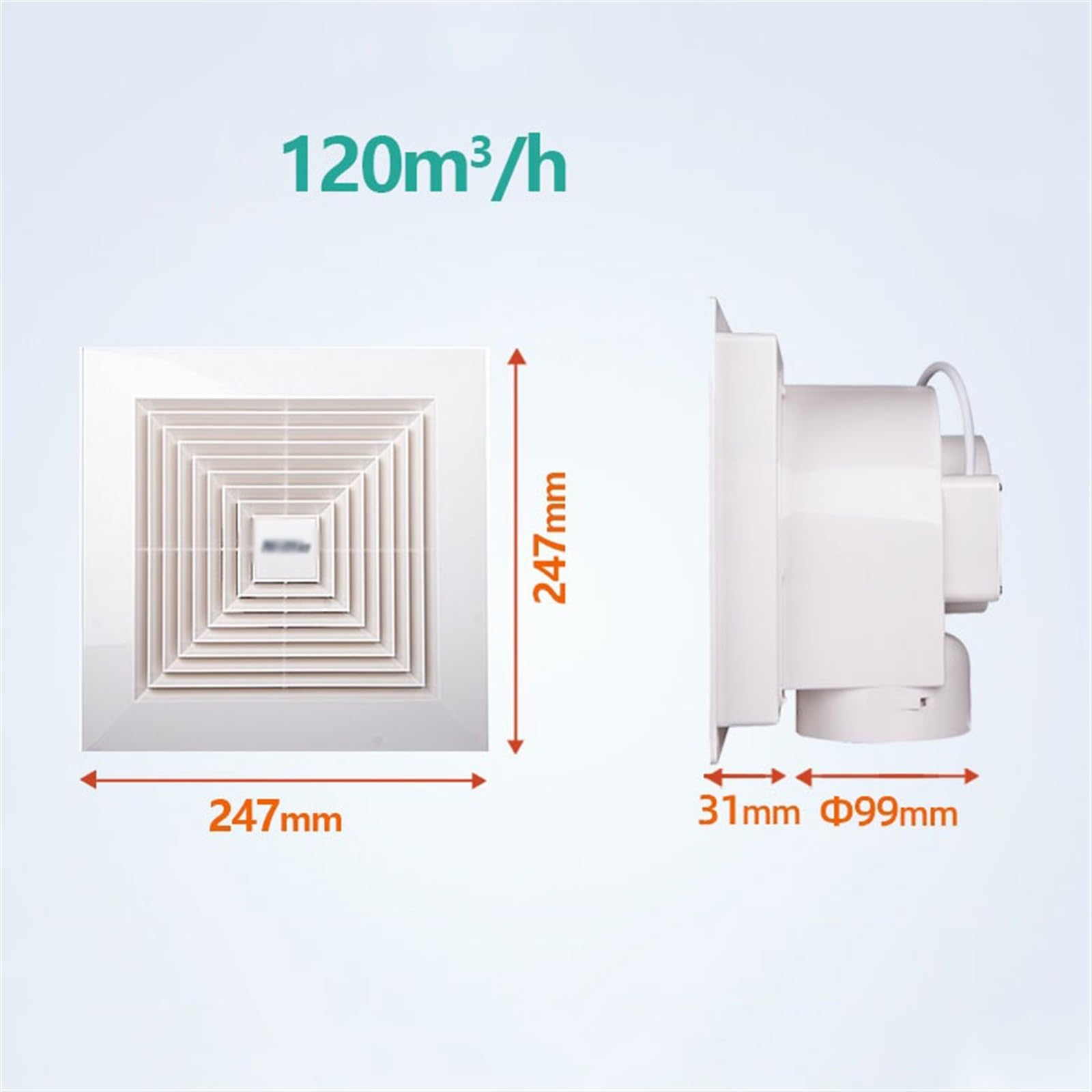 Ideale per la casa Potente aspiratore silenzioso Ventilatore da soffitto in cartongesso di aspirazione for cucina, bagno, negozio(24.7 * 24.7cm)