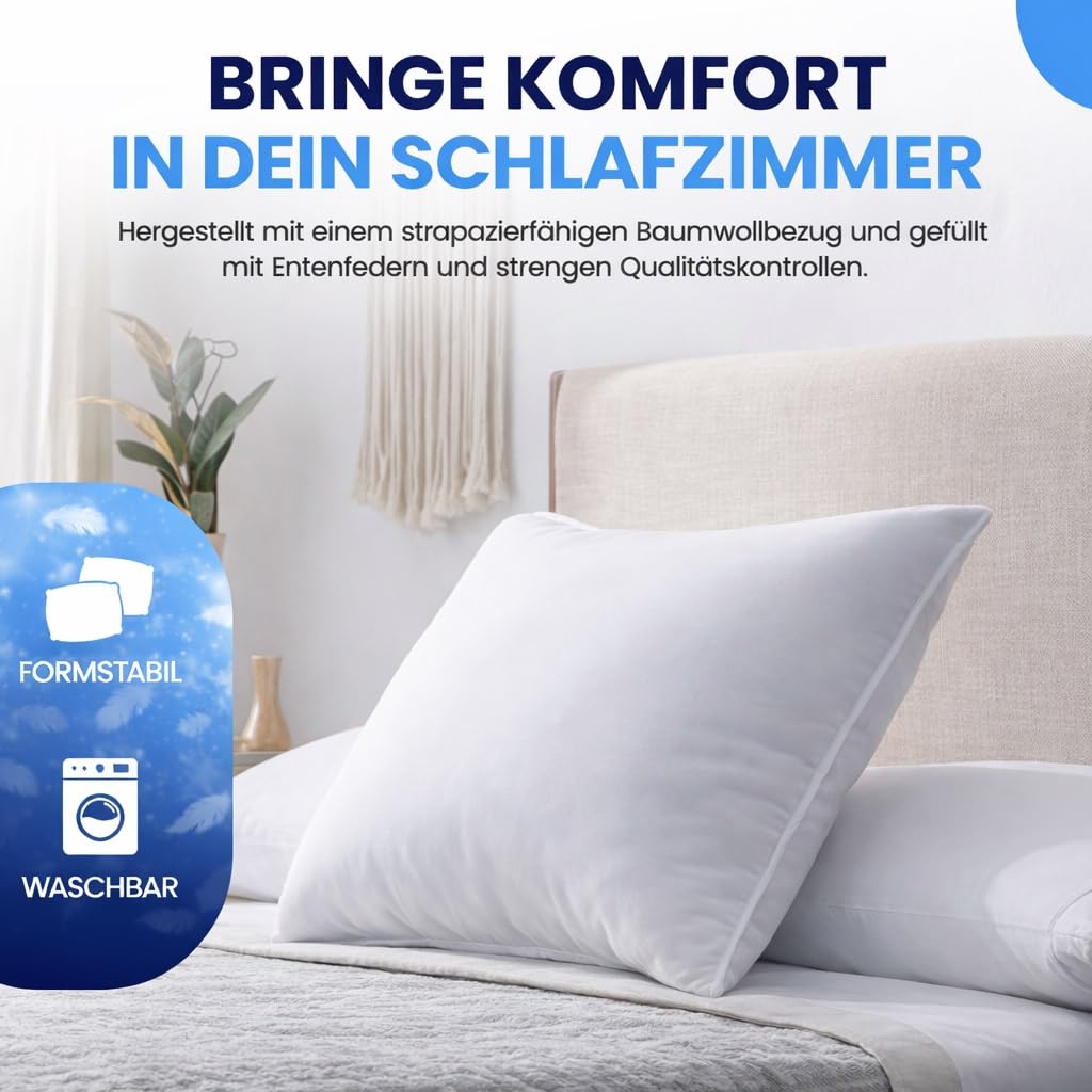 Federkissen 80x80 cm 2er Set - Kopfkissen 100% Federfüllung Bezug aus Baumwolle Oeko-Tex Zertifiziert 1200 g